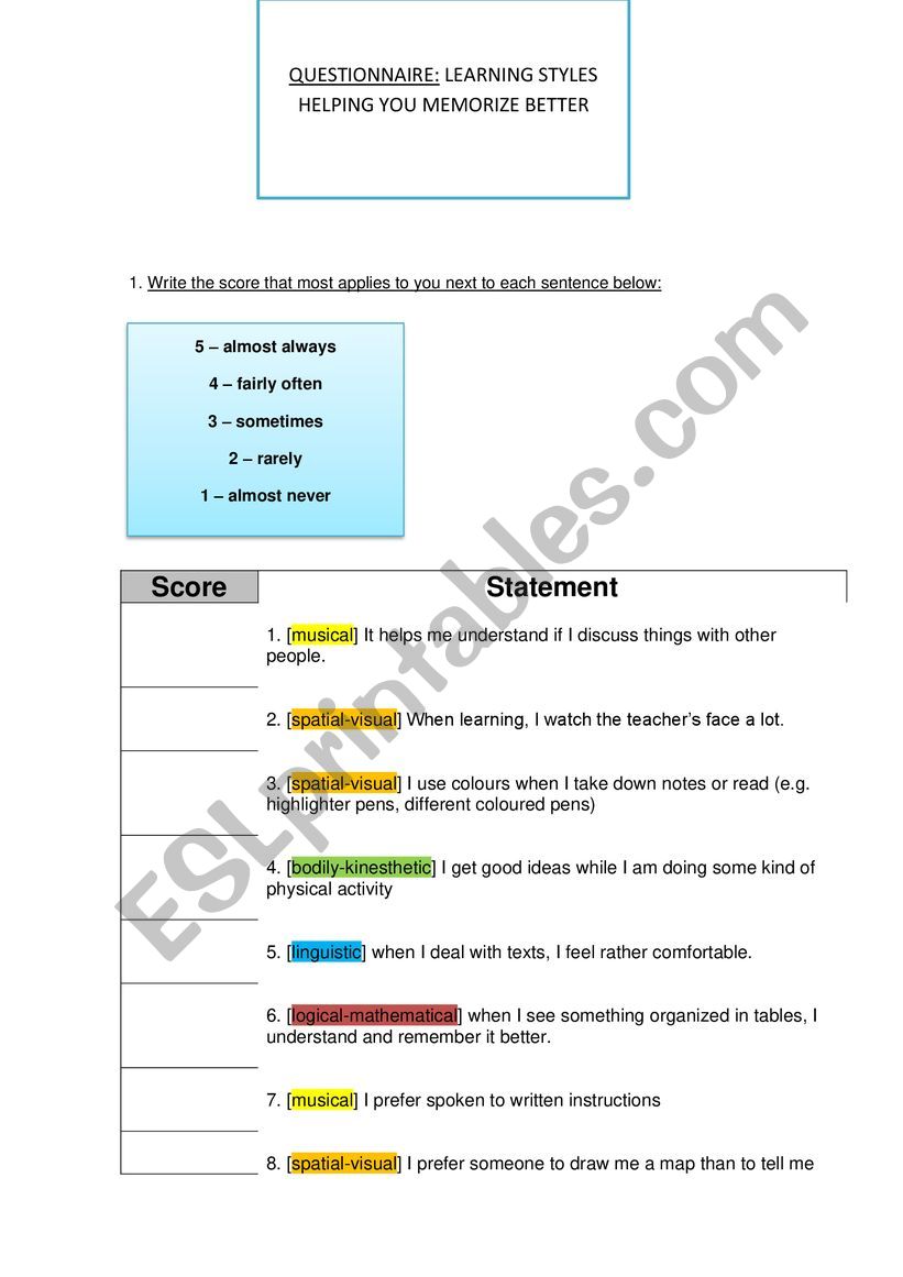 QUESTIONNAIRE - LEARNING STYLES [teacher methodology]